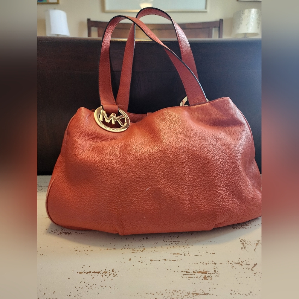 Michael Kors Tangerine Pebbled Leather Shoulder Bag with Gold Hardware